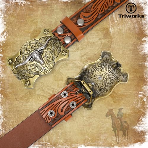 Men Western Leather Belt Cowboy Buckle Belt Floral Embossed Tooled Country Belt for Jeans3