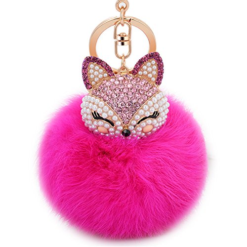 Anple Boseen Real Rabbit Fur Ball with Artificial Fox Head Inlay Pearl Rhinestone Key Chain for Womens Bag or Cellphone or Car Pendant (Rose Red)