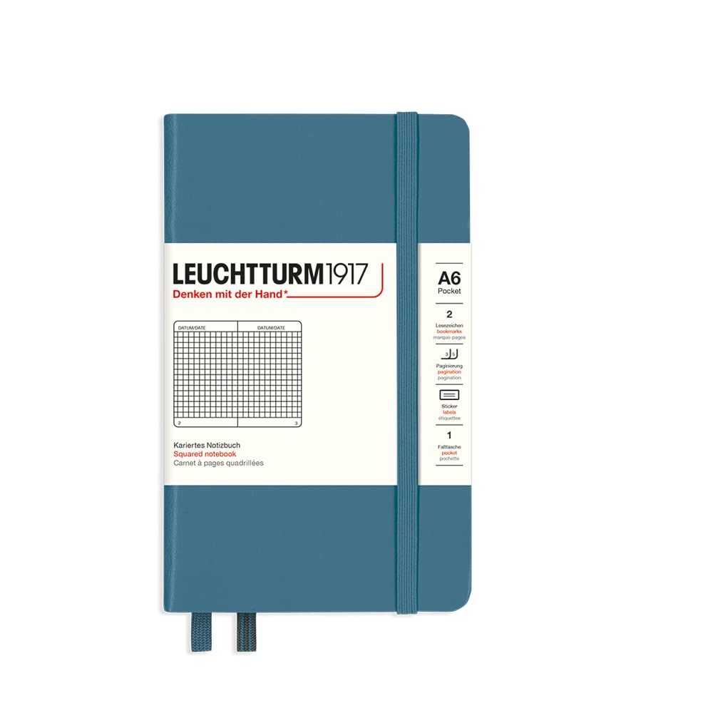 LEUCHTTURM1917 - Notebook Hardcover Pocket A6-187 Numbered Pages for Writing and Journaling (Stone Blue, Squared)