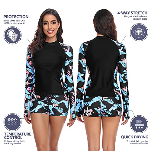 Foto von UNIQUEBELLA Rash Guard Damen, UV-Schutz UPF 50+ Langarm Surf Shirt mit Schönen Mustern Bademode Badeshirt - Schwimmen Tankini XS-XL Rashguard für Women