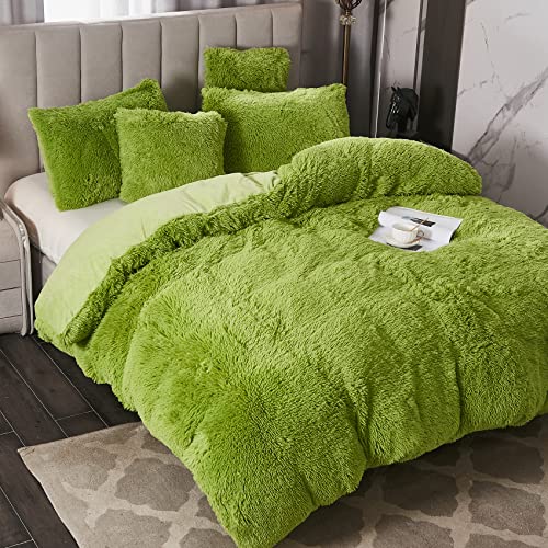 Werdim Shaggy Fluffy Faux Fur Duvet Cover Set Button Closure Velvety Bedding Set Comforter Cover With Pillowcases Apple Green, Queen Size #TOP2