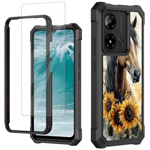 GYSYSQSH for Cloud Mobile Stratus C8 Prime Phone Case with Tempered Glass Screen Protector Dual Layer Hard PC Bumper Heavy Duty Shockproof Protective Cover for Women Men 6.5", Horse Flowers