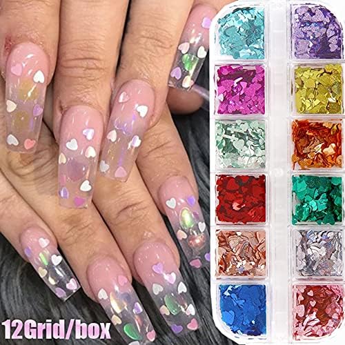3D Nail Art Butterfly Love Nail Sequins Glitter Powder Holographic Nails Powder Mirror DIY Nail Art Decorations 12 Grids/Box - (Color: Blue)