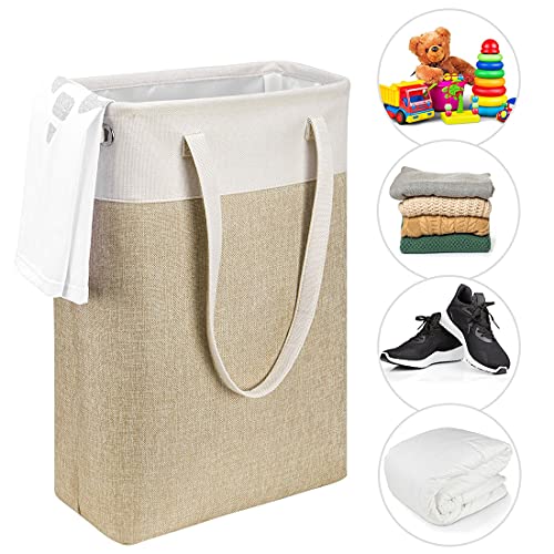I Bkgoo Laundry Basket With Handles Beige&Khaki-Slim Laundry Bin Collapsible Dirty Clothes Basket Narrow Laundry Bag Foldable Dirty Hamper For Camping, Dorms, Apartments #TOP2