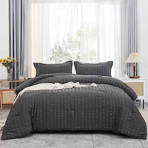 Avelom Dark Grey Comforter Queen Size Set With Sheets - 7 Pieces Bed In A Bag Seersucker Complete Bedding Set, All Season Lightweight Bed Set With Comforter, Sheets, Pillowcases & Shams #TOP10