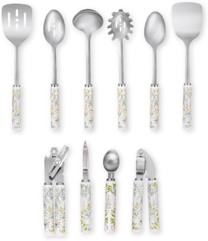Laura Ashley 10-Piece Kitchen Utensils Set - Soft Grip Ceramic Handle Kitchen Tools & Gadgets Include Turners, Spoons, Ladle, Spaghetti Server, Can Opener, Garlic Press, Peeler & Ice Cream Scoop