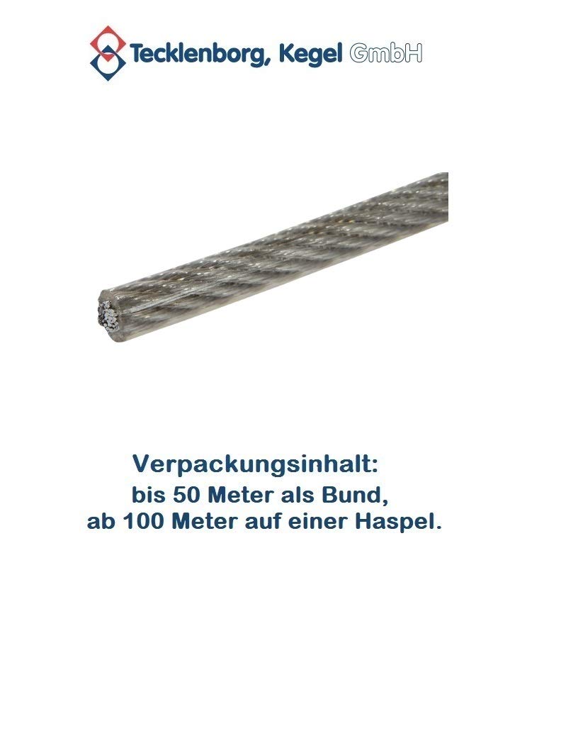 Edelstahlseil 7x7, 2mm Ø mit PVC (klar) auf 3mm ummantelt, 250m Nutzlänge