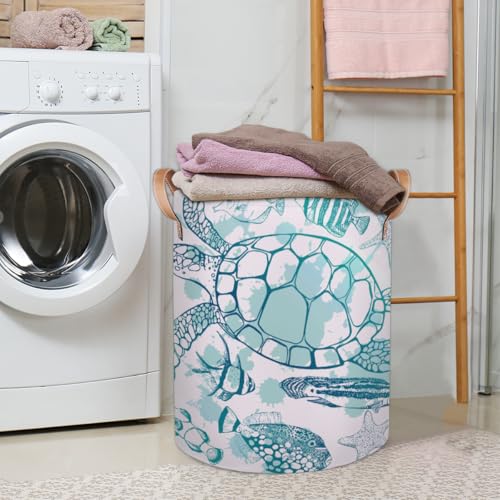 Image of Large Laundry Hamper Basket Ocean Theme Round Freestanding Clothes Basket, Sea Turtle Collapsible Storage Organizer Bin with Leather Handles for Dirty Clothes Toys, Nursery Home Storage 16 inchW x 20 inchH
