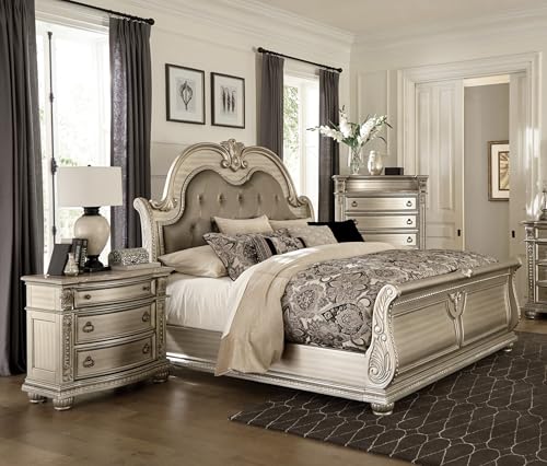 3PC Traditional Bedroom Set Queen Size Tufted Bed Silver Finish