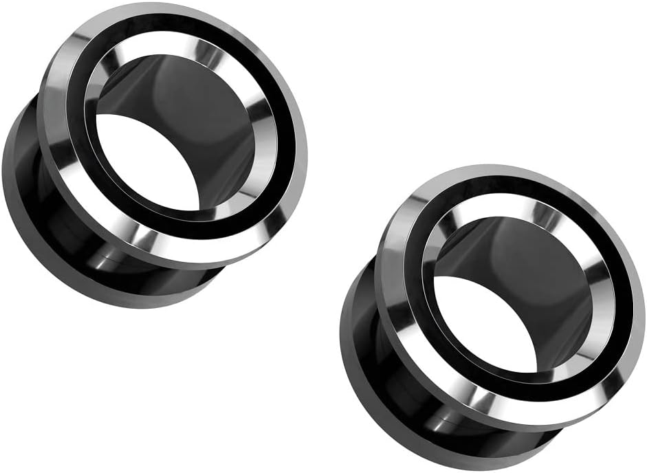 Pierced Owl316L Stainless Steel Black and Silver Tone Rim Screw Fit Tunnel Plugs, Sold as a Pair