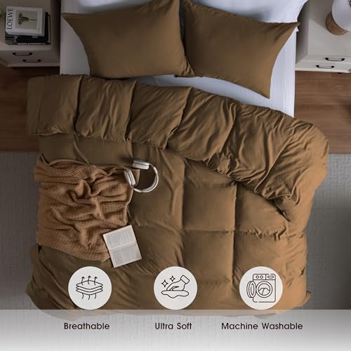 Image of Ranunculus Washed Khaki Duvet Cover Set King Size, 3 Piece Prewashed Cotton-Like Bedding Set, Duvet Cover 104X90 Inches with Button Closure & 2 Pillow Shams for All Seasons,Comforter Not Included