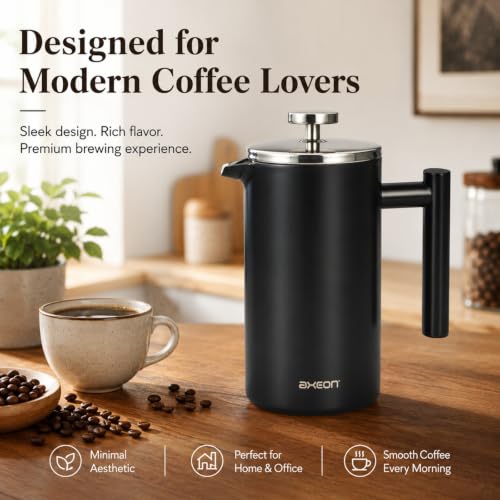 Image of AXEON French Press Coffee Maker - 750ml | 304 Stainless Steel Plunger | 4-Layer Filtration for Grit-Free Brew | Heat Retention, Rust-Free, Portable Coffee Maker for Home, Travel & Office (Black)