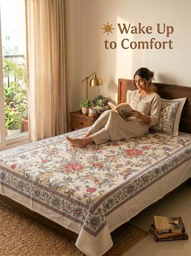 Image of Mafatlal 144 TC Heritage Single Size Bedsheet | (90x60 inches) 100% Cotton Flatsheet Twin Size with Pillow Cover| Super Soft Bed Sheet | Floral Design | Beige