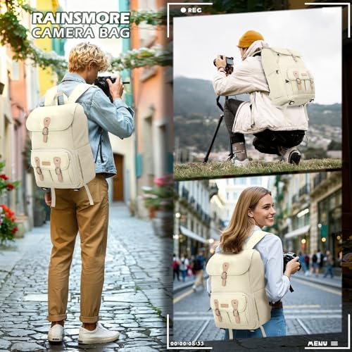 Image of RAINSMORE Camera Backpack, DSLR SLR Mirrorless Camera Bag for Photographer | 15.6 Inch Vintage Canvas Camera Case with Laptop Compartment & Tripod Holder & Rain Cover for Sony Canon Nikon Fujifilm Beige
