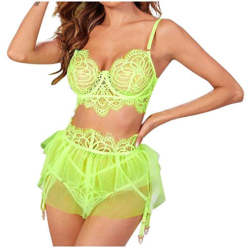QQQQC Vêtements Techniques et spéciaux 3pcs Lingerie Sexy Perspective Dentelle Femmes vêtements de Nuit jarretière Femmes Soutiens-Gorge Ensemble-Green_M