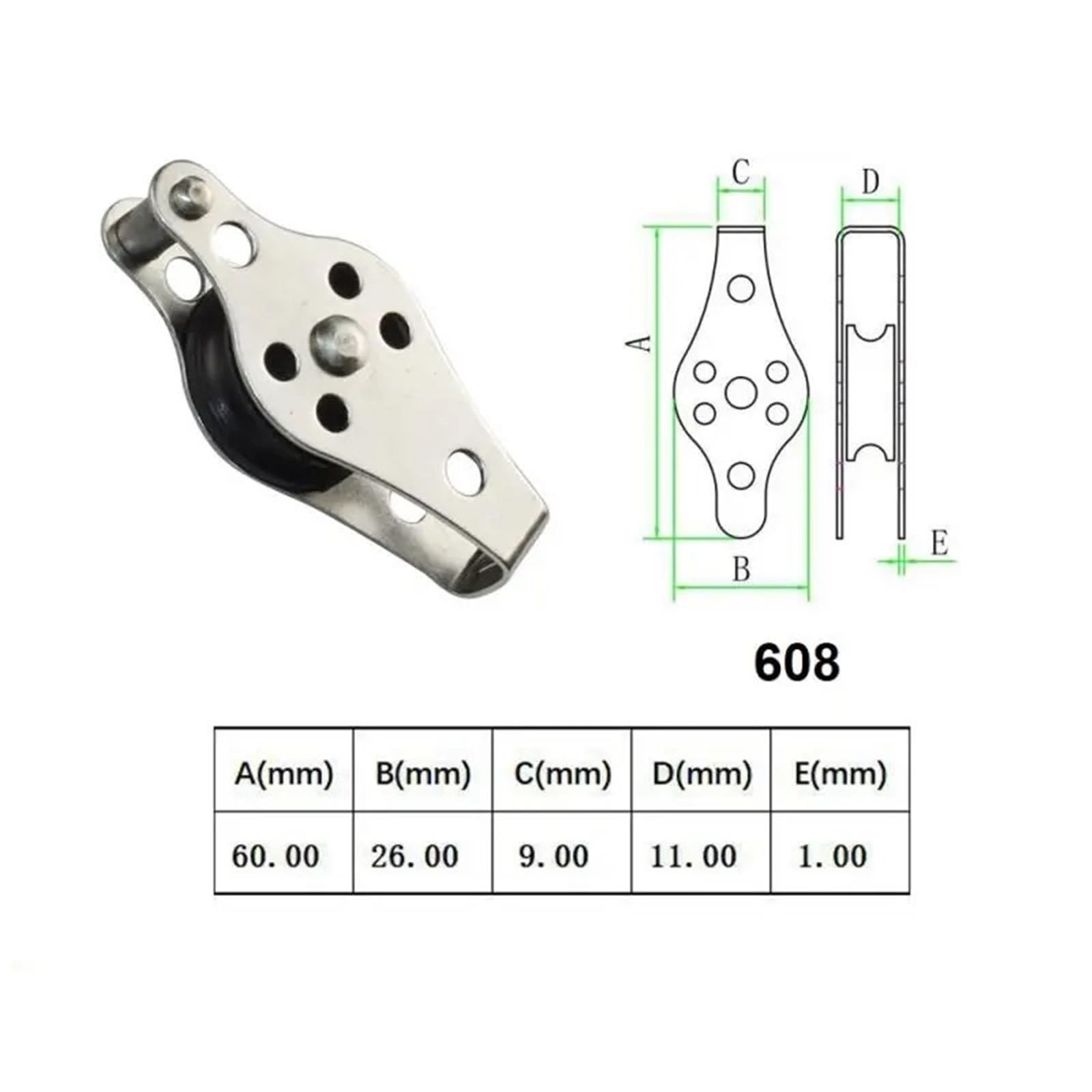 Polea Bloquear 605 606 607 608 Rodillo polea 316 Bloque polea acero inoxidable 25 mm Para cuerda 2 mm a 8 mm Polea(608)