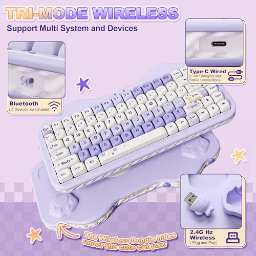 Image of YUNZII C75 Wireless Mechanical Keyboard,75% Layout, Hot-Swappable NKRO,BT5.0 /2.4G /USB-C Mode,Dye-Sub PBT MOA Keycaps,RGB Gasket Mount,Cute Cake Design for Mac /Win /Gaming (Purple, Candy Switch)