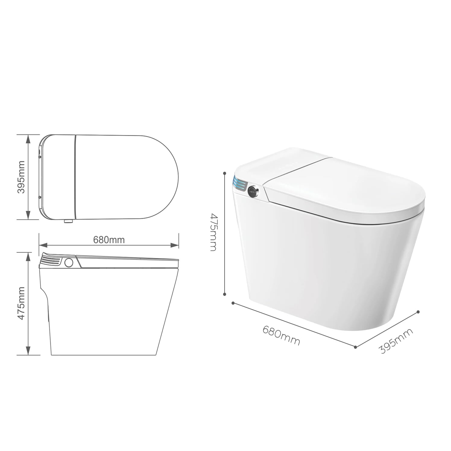 Inodoro WC Inteligente A680 (Salida a Suelo) | Descarga automática | Asiento calefactable | Tanque integrado | Control Remoto | Temperatura del agua | Panel Digital.