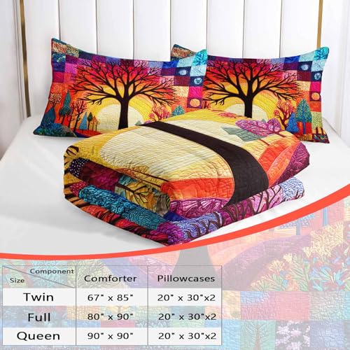 Image of AILONEN Tree of Life Comforter Set,3-Piece Patchwork Abstract Art Landscape Boho Twin Bedding Set,Lightweight Micorifber Duvet with 2 Pillowcases
