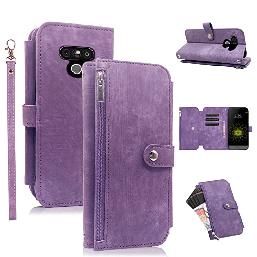 Furiet Compatible with LG G5 Wallet Case 9 Card Slots Retro Leather Flip Credit Card Holder Cell Phone Cover for Folio Purse Lanyard Wrist Strap Rugged Slot Mobile LGG5 SE LG5 G 5 5G Women Men Purple