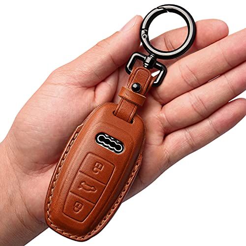 Tukellen for Audi Key Fob Cover Leather with Keychain,Leather Key Case Protector Compatible with Audi 2019 2022 2022 A6 A6L A7 E-Tron A8 Q8 Keyless Smart Key Fob-Brown