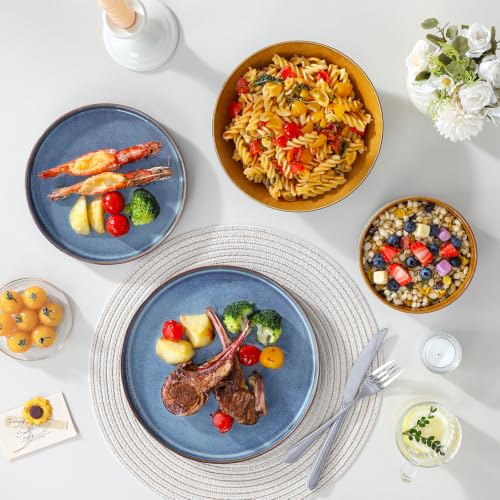 Image of ONION Ceramic Plates and Bowls Sets for 6, 24 Pieces Stoneware Dinnerware Sets for Kitchen, Reactive Glaze Dish Set, Dishwasher and Microwave Safe, Blue