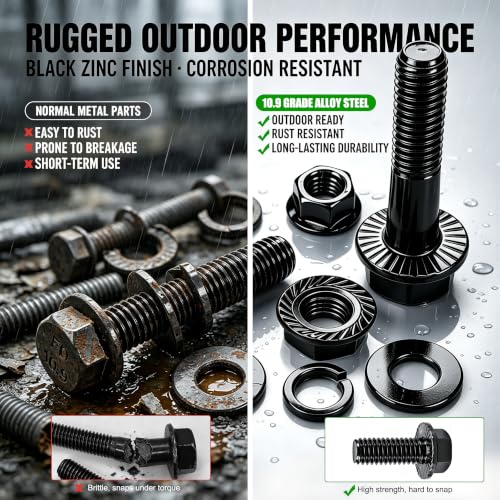 mankk Metric Flange Bolts and Nuts Assortment Kit M6x1.0, M8x1.25, M10x1.5 (12mm to 30mm) Hex Bolts and Nuts Washers Kit for Automotive (10.9 Black Alloy Steel Class)