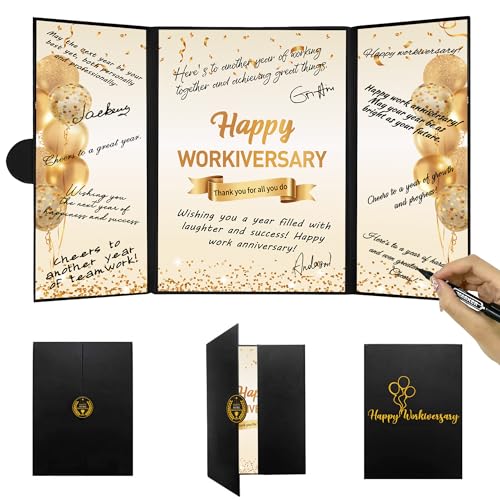 Image of DARUNAXY Black Gold Happy Workiversary Party Decorations, Happy Work Anniversary Alternative Signature Guest Book for Men Women Employee Business Gifts Signing Card Board for Office Supplies