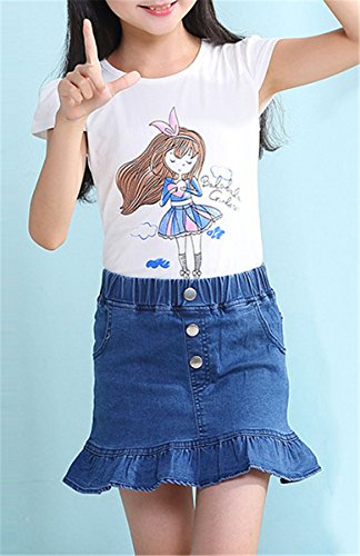 Kids Skirt, Elastic High Waist Ruffle Denim Scooter Skirt For Toddler & Big Girls, Blue, Tag Size 140 = Us 7-8Y #TOP1