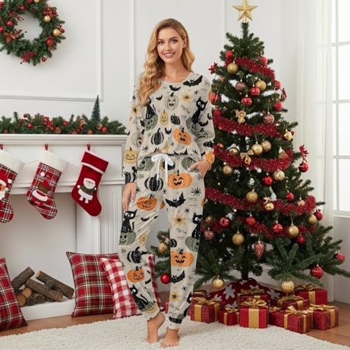 Image of Womens Lounge Set Long Sleeve Soft Pajama Sets | Casual 2 Piece Pj Outfit, Crewneck Sleepwear with Pockets, Adjustable Drawstring, Soft Comfy Fall Pajamas, Plus Size