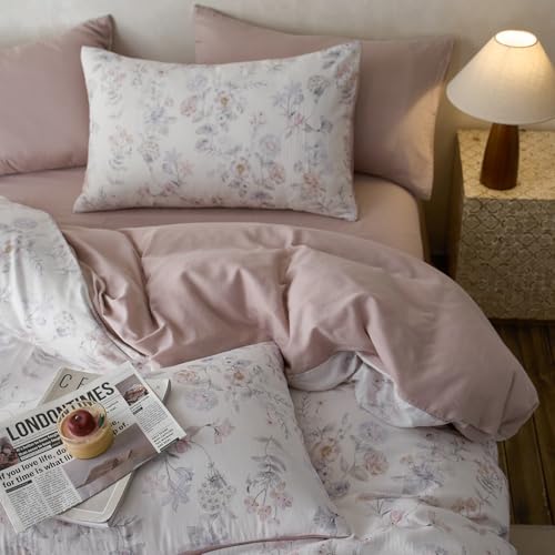 VM VOUGEMARKET Garden Flower Duvet Cover Set Queen,Lyocell & Cotton Bedding Set with Flower Pattern,Breathable & Cool Comforter Cover for Summer (Blush Pink,90x90 Inch)