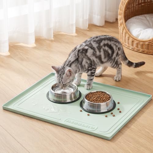 Image of 22x19 Pet Feeding Mat Waterproof Nonslip Cats and Dogs Water Bowl Mat | Silicone 0.59 inch Raised Edges Contain Food & Water Spills, Easy To Clean, Bpa-Free, Reinforced To Resist Collapse,Light Green