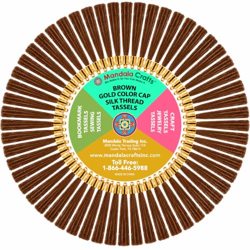 Image of Mandala Crafts Small Gold Tone Cap Brown Silky Bookmark Tassels with Loops | 100 PC, Machine Washable, Polyester, Mini, for Crafts Jewelry Making Graduation Decorations Keychains Gift Tags & Ornaments