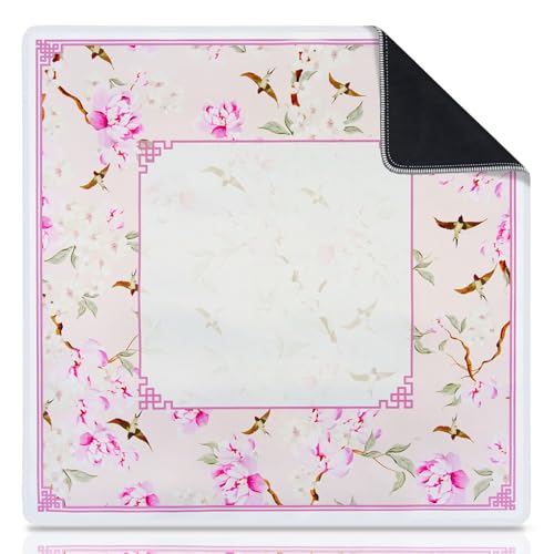 Pink Chinoiserie Neoprene Mahjong Mat for Table, Non-Slip, Durable, and Quiet Table Cover, Pretty Travel Mahjong Mat Pink with Floral and Bird Pattern, Perfect for Mahjong, Poker, Home Tea Rooms, Clubs