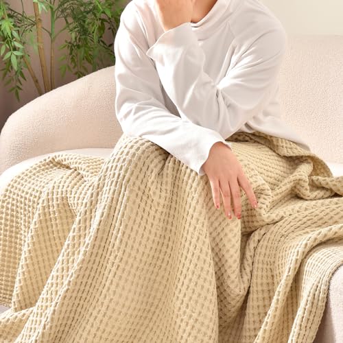 Image of PHF 400GSM 100% Washed Cotton Waffle Weave Blanket, Cozy Breathable Skin-Friendly Throw Queen Size for All Season, Luxury Fall Layer Bedspread for Couch Bed Sofa,Elegant Home Decor,Beige, 90 inch inch x90