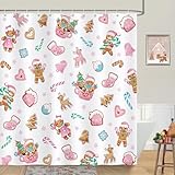 Bonhause Duschvorhang Weihnachten Lebkuchen Rosa Xmas Zuckerstange Rentier Winter Duschvorhänge 180 x 180 cm Anti-Schimmel Wasserdicht Polyester Stoff Waschbar Bad Vorhäng für Badzimmer mit 12 Haken