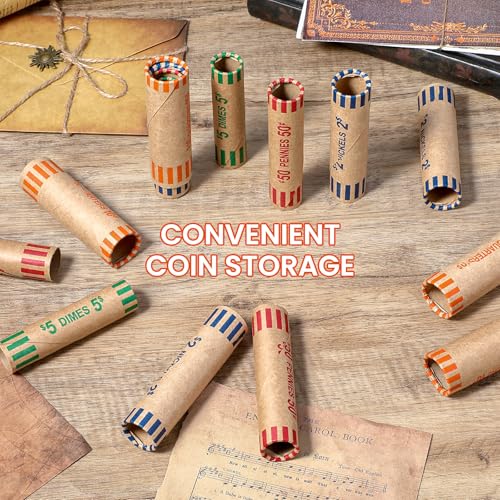 512 Pieces Assorted Coin Wrappers Rolls Preformed Coin Wrappers Coin Rollers Coin Paper Rolls Coin Wrapping Tubes Includes 128 Quarters, 128 Pennies, 128 Nickels and 128 Dimes for Bank and Office - Thumbnail 6