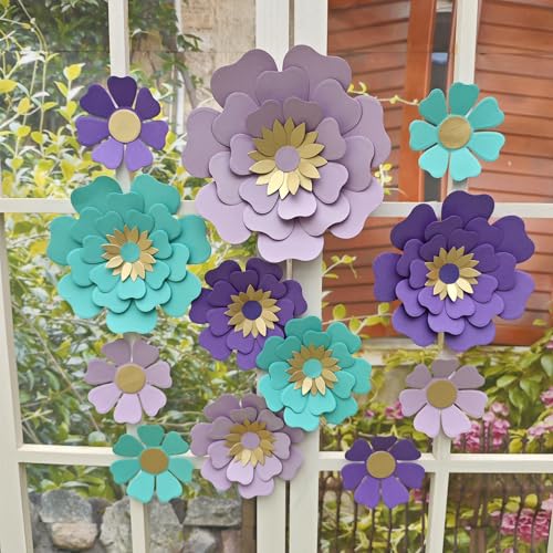 Image of Teal Purple Paper Flower for Wall Turquoise Green Lavender Lilac Mermaid Birthday Party Wedding Bridal Baby Shower Party Decoration Pack of 12
