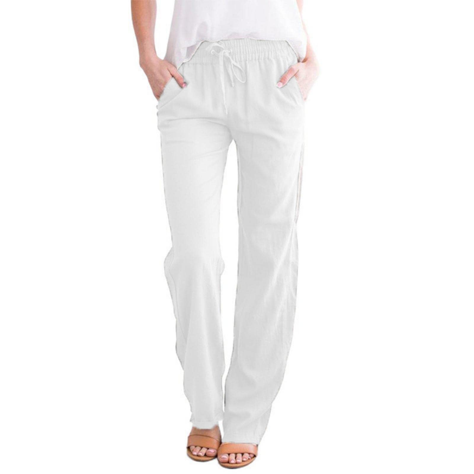 Casual Linen Pants for Womens Relaxed and Comfortable High Waisted Pants with Elastic Drawstring and Pockets