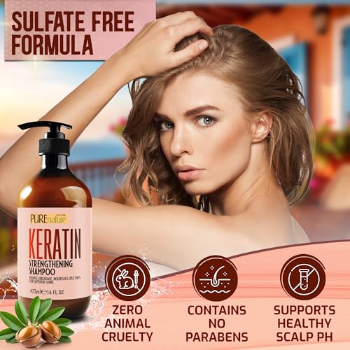 Image of PURE NATURE LUX SPA Keratin Shampoo - Sulfate Free, Strengthening Formula - Repair Damaged and Dry Hair - Products for Women and Men - For Thinning Hair - 16 Fl Oz