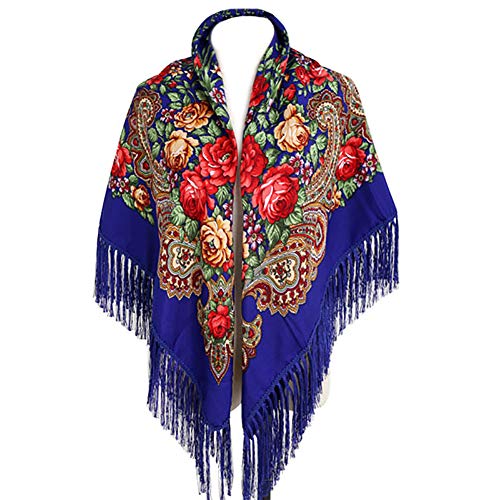 Gudessly, Cachecol tradicional para mulher, com borlas e franjas, xaile retro com estampado floral, poncho com gola e cabeça, Azul Real