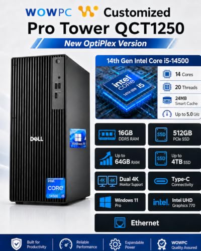 Image of Customized Dell Pro Tower QCT1250 Business Desktop Computer, New OptiPlex Version-14th Gen Core i5-14500, 16GB DDR5, 512GB SSD, Up to 64GB RAM 4TB SSD, Dual 4K Monitor Support, Type-C, Win11 Pro