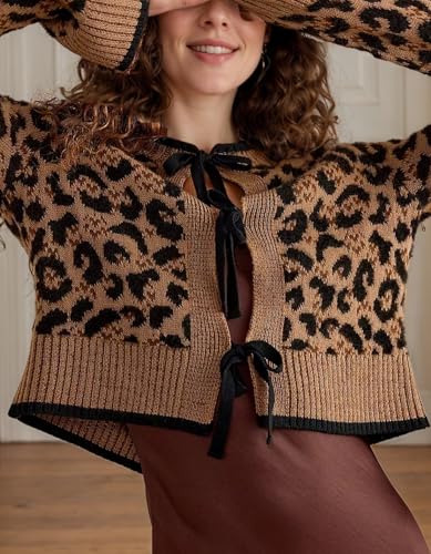 Image of Kedera Women Leopard Cardigan Open Front Tie Up Sweaters Long Sleeve Cheetah Print Top Cropped Cardigan Jackets