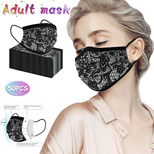 50 Pcs Adult Disposable_Face_Masks With Lace Print 3 Ply Safety Dust Face Protection For Women Men Teen Girls A01 Black 50 Pcs #TOP2