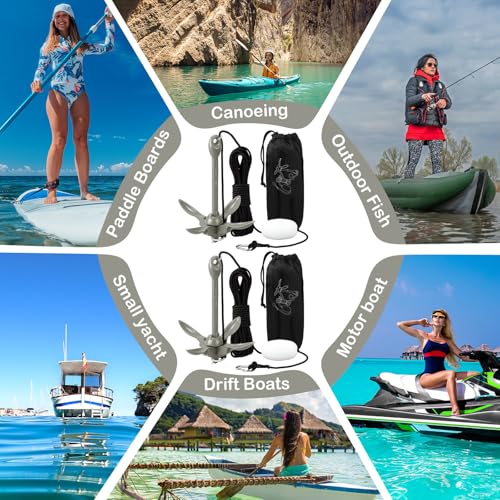 Image of Lounsweer 2 Pack 1.5 /3.5 lb Marine Kayak Anchor Kit Folding Grapnel Anchor Kit Boat Kayak Fishing Accessories for Small Boats Kayaks Canoe Paddle Boards
