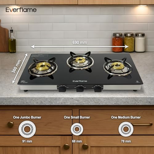 Image of Everflame Iris 3 Burner Gas Stove | Manual Ignition | LPG Gas Stove | SS Frame | Heavy Brass Burner | Toughened Glass | Modern Kitchen Slim Cooktop | 2 Years Product Warranty + Doorstep Service