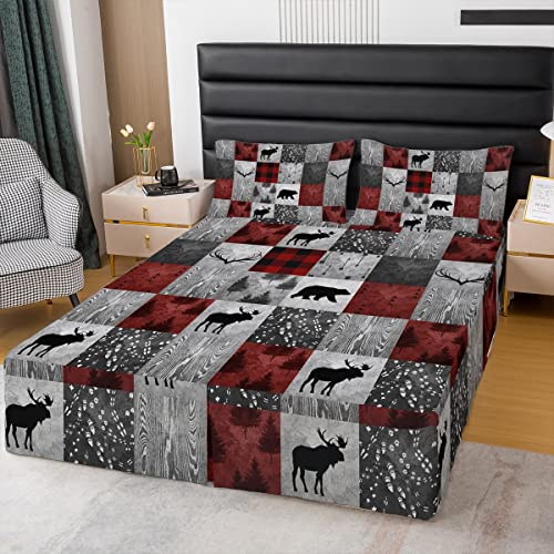Rustic Animal Bed Skirt Cabin Bedroom Decor,Bear Elk Antler Deer Wild Animal Bed Skirts Queen,Wooden Arrow Footprint Bedskirt,Red Christmas Stripe Patchwork Wrap Around Bed Skirt With 2 Pillowcases #TOP4