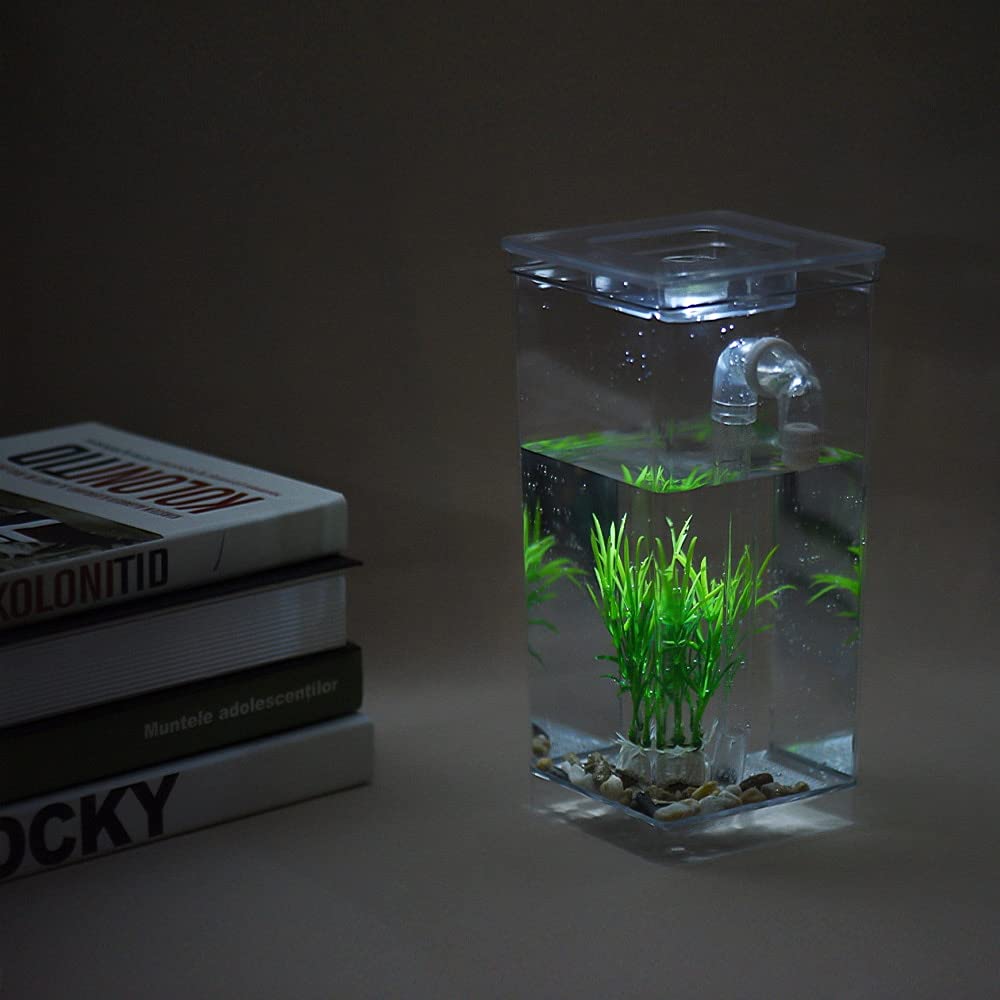 Aquarium Mini réservoir de Poisson Aquarium avec LED Lampe lumière Poisson Combats Cylindre Auto Nettoyage Petit réservoir Acrylique boîte Aquarium boîte Bocal ​Poisson (Color : White)