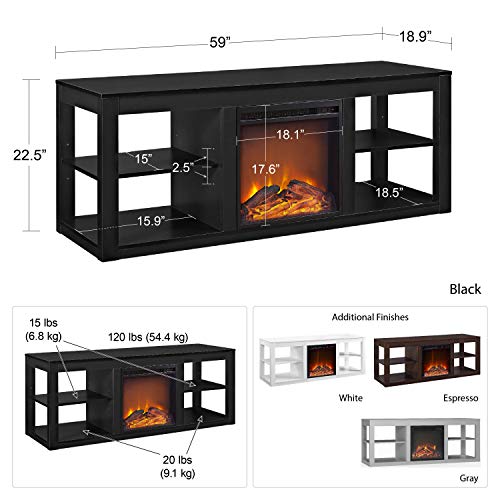 Ameriwood Home Parsons TV Stand with Fireplace, 65", Black - Thumbnail 5