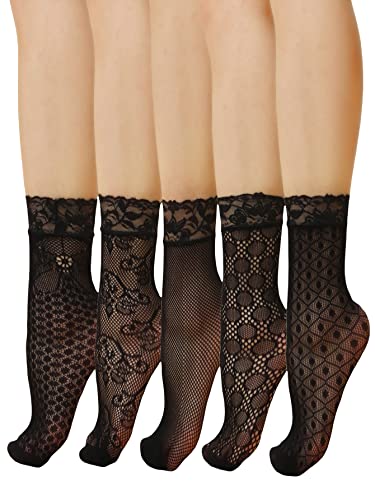 Verdusa Women's 5 Pairs Striped Plaid Mesh Sheer Socks Lace Black One-Size #TOP22